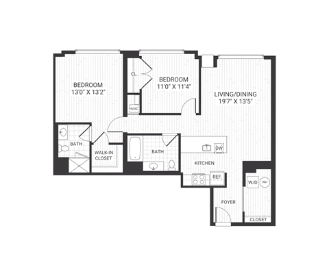 Floor plan for 2 beds, 2 baths, 1152 sqft